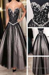 Black White Tulle Long Sweetheart Beaded Bodice For Teens Juniors Semi Formal Dress
